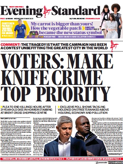 London Evening Standard Newspaper Front Page (UK) for 6 May 2021