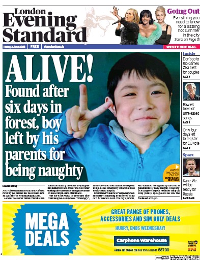 London Evening Standard Newspaper Front Page (UK) for 6 June 2016