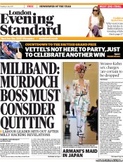 London Evening Standard Newspaper Front Page (UK) for 6 July 2011