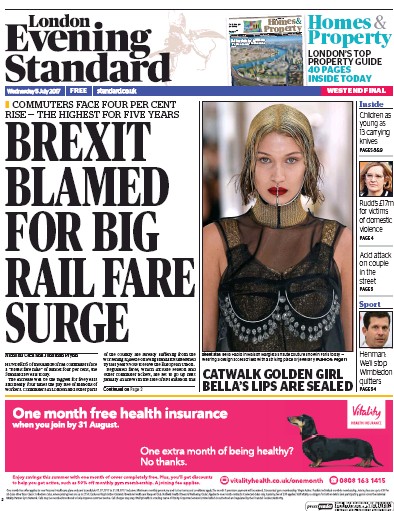 London Evening Standard Newspaper Front Page (UK) for 6 July 2017