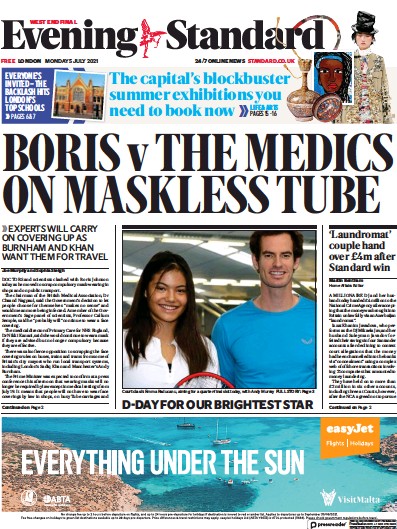 London Evening Standard Newspaper Front Page (UK) for 6 July 2021