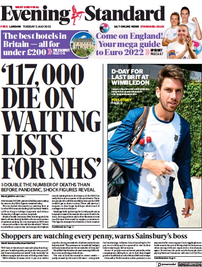 London Evening Standard Newspaper Front Page (UK) for 6 July 2022
