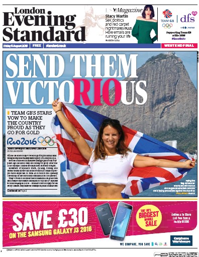 London Evening Standard Newspaper Front Page (UK) for 6 August 2016