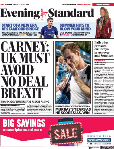 London Evening Standard Newspaper Front Page (UK) for 6 August 2018