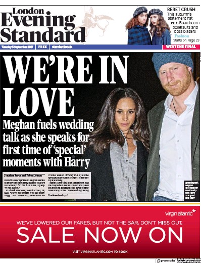 London Evening Standard Newspaper Front Page (UK) for 6 September 2017