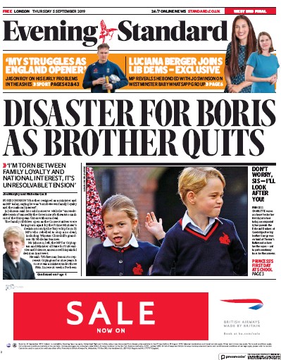 London Evening Standard Newspaper Front Page (UK) for 6 September 2019
