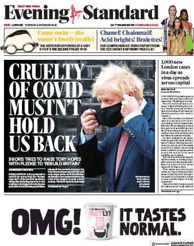 London Evening Standard Newspaper Front Page (UK) for 7 October 2020