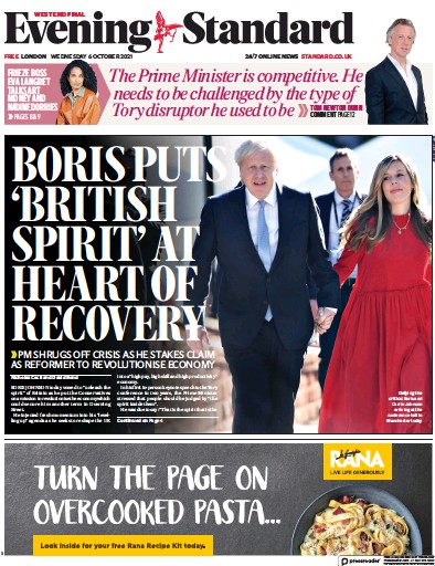 London Evening Standard Newspaper Front Page (UK) for 7 October 2021
