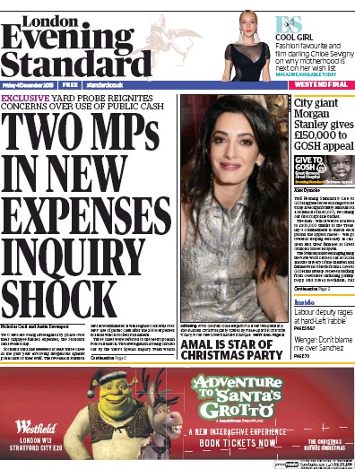 London Evening Standard Newspaper Front Page (UK) for 7 December 2015