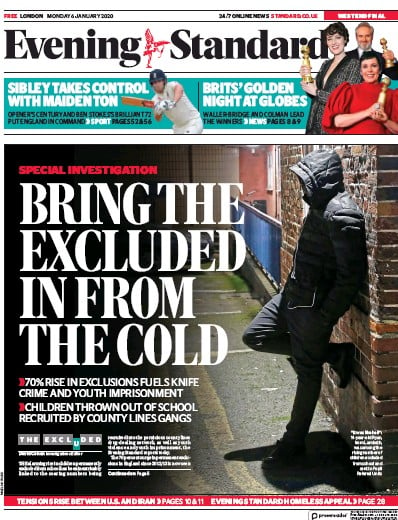 London Evening Standard Newspaper Front Page (UK) for 7 January 2020