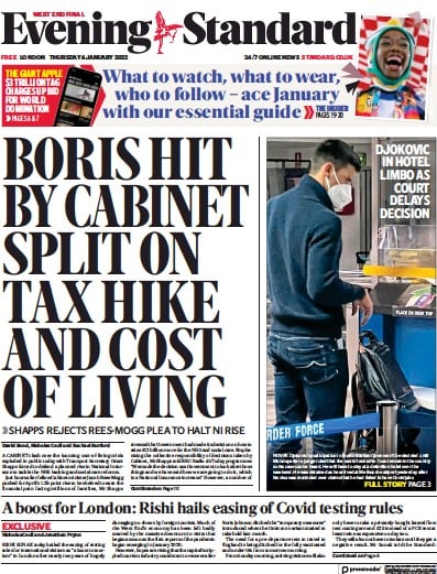 London Evening Standard Newspaper Front Page (UK) for 7 January 2022