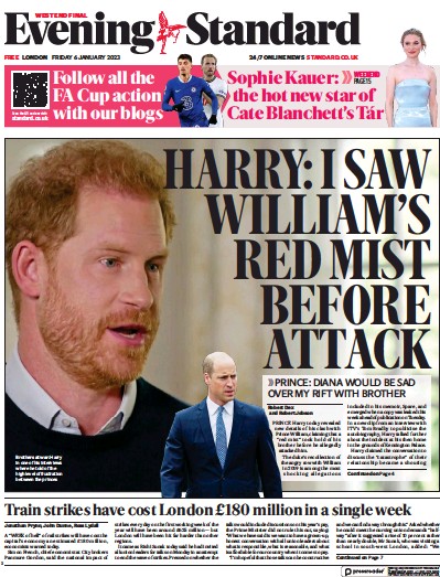 London Evening Standard Newspaper Front Page (UK) for 7 January 2023