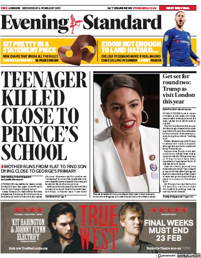 London Evening Standard Newspaper Front Page (UK) for 7 February 2019