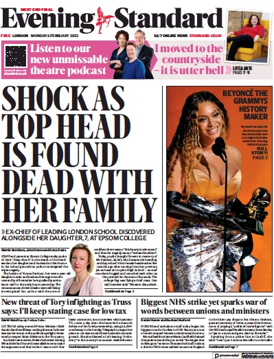 London Evening Standard Newspaper Front Page (UK) for 7 February 2023