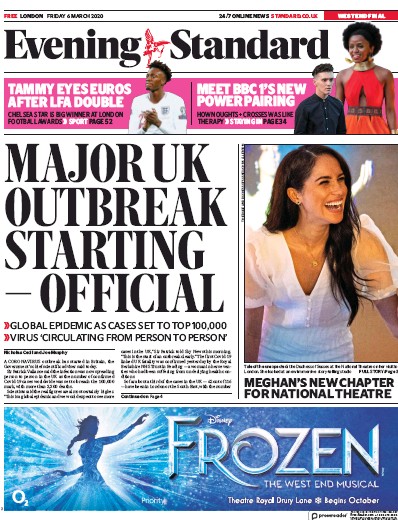 London Evening Standard Newspaper Front Page (UK) for 7 March 2020