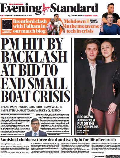 London Evening Standard Newspaper Front Page (UK) for 7 March 2023
