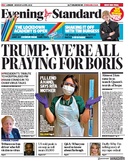 London Evening Standard Newspaper Front Page (UK) for 7 April 2020