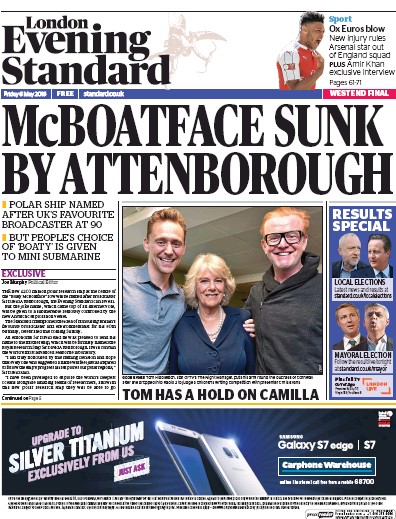 London Evening Standard Newspaper Front Page (UK) for 7 May 2016