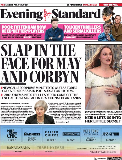 London Evening Standard Newspaper Front Page (UK) for 7 May 2019