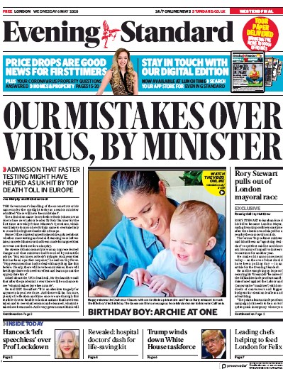 London Evening Standard Newspaper Front Page (UK) for 7 May 2020