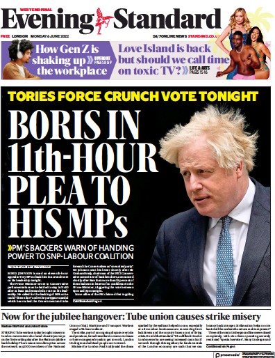 London Evening Standard Newspaper Front Page (UK) for 7 June 2022