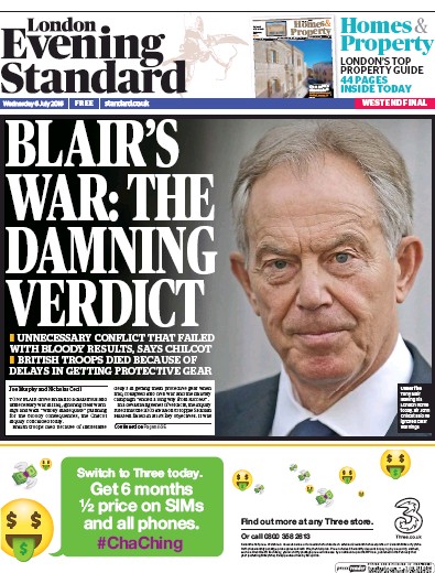 London Evening Standard Newspaper Front Page (UK) for 7 July 2016