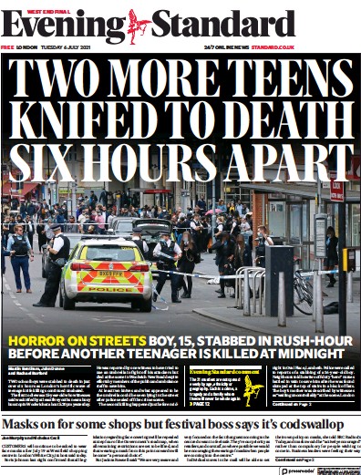 London Evening Standard Newspaper Front Page (UK) for 7 July 2021