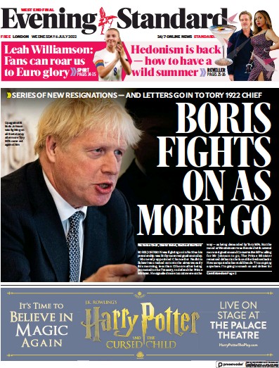 London Evening Standard Newspaper Front Page (UK) for 7 July 2022