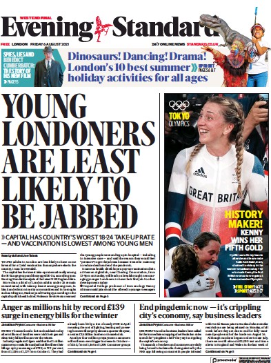 London Evening Standard Newspaper Front Page (UK) for 7 August 2021