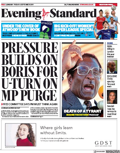 London Evening Standard Newspaper Front Page (UK) for 7 September 2019
