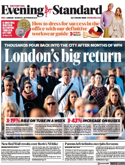 London Evening Standard Newspaper Front Page (UK) for 7 September 2021