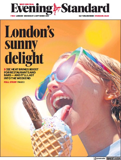 London Evening Standard Newspaper Front Page (UK) for 7 September 2023