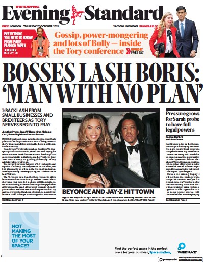 London Evening Standard Newspaper Front Page (UK) for 8 October 2021