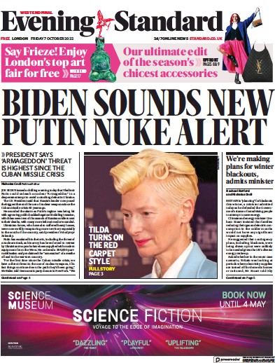 London Evening Standard Newspaper Front Page (UK) for 8 October 2022