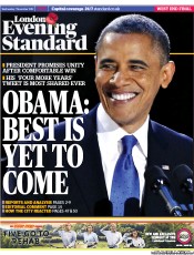 London Evening Standard Newspaper Front Page (UK) for 8 November 2012