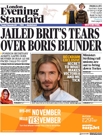 London Evening Standard Newspaper Front Page (UK) for 8 November 2017