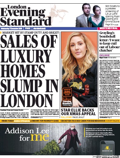 London Evening Standard Newspaper Front Page (UK) for 8 December 2016