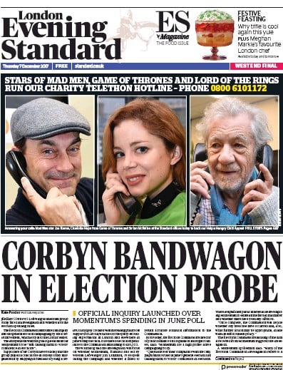 London Evening Standard Newspaper Front Page (UK) for 8 December 2017