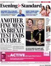 London Evening Standard (UK) Newspaper Front Page for 8 January 2019