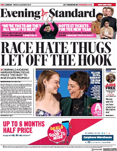 London Evening Standard Newspaper Front Page (UK) for 8 January 2019
