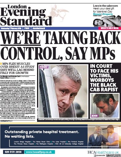 London Evening Standard Newspaper Front Page (UK) for 8 February 2018