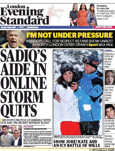 London Evening Standard Newspaper Front Page (UK) for 8 March 2016