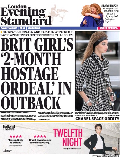 London Evening Standard Newspaper Front Page (UK) for 8 March 2017