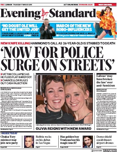 London Evening Standard Newspaper Front Page (UK) for 8 March 2019