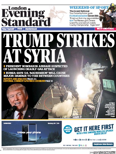London Evening Standard Newspaper Front Page (UK) for 8 April 2017