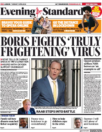 London Evening Standard Newspaper Front Page (UK) for 8 April 2020