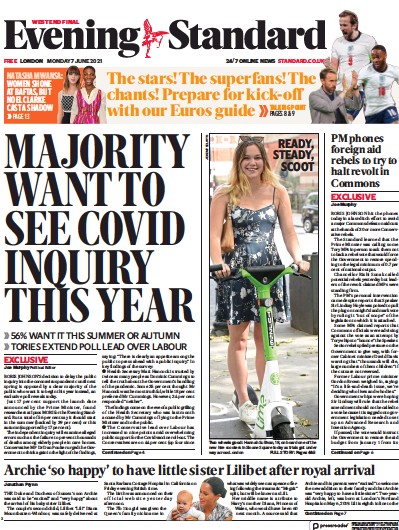 London Evening Standard Newspaper Front Page (UK) for 8 June 2021