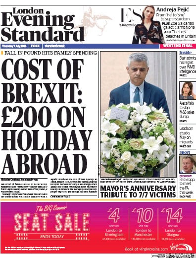 London Evening Standard Newspaper Front Page (UK) for 8 July 2016