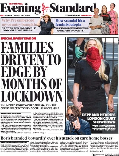 London Evening Standard Newspaper Front Page (UK) for 8 July 2020