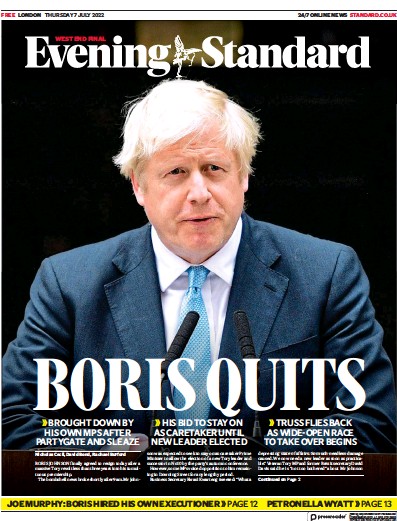London Evening Standard Newspaper Front Page (UK) for 8 July 2022